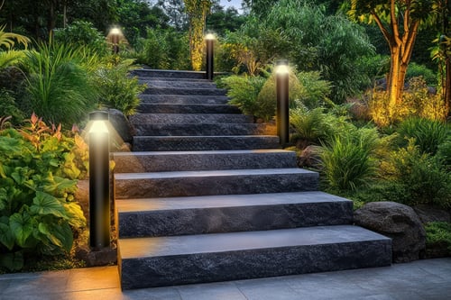 Landscaped outdoor staircase illuminated by LED bollard lights along the pathway.
