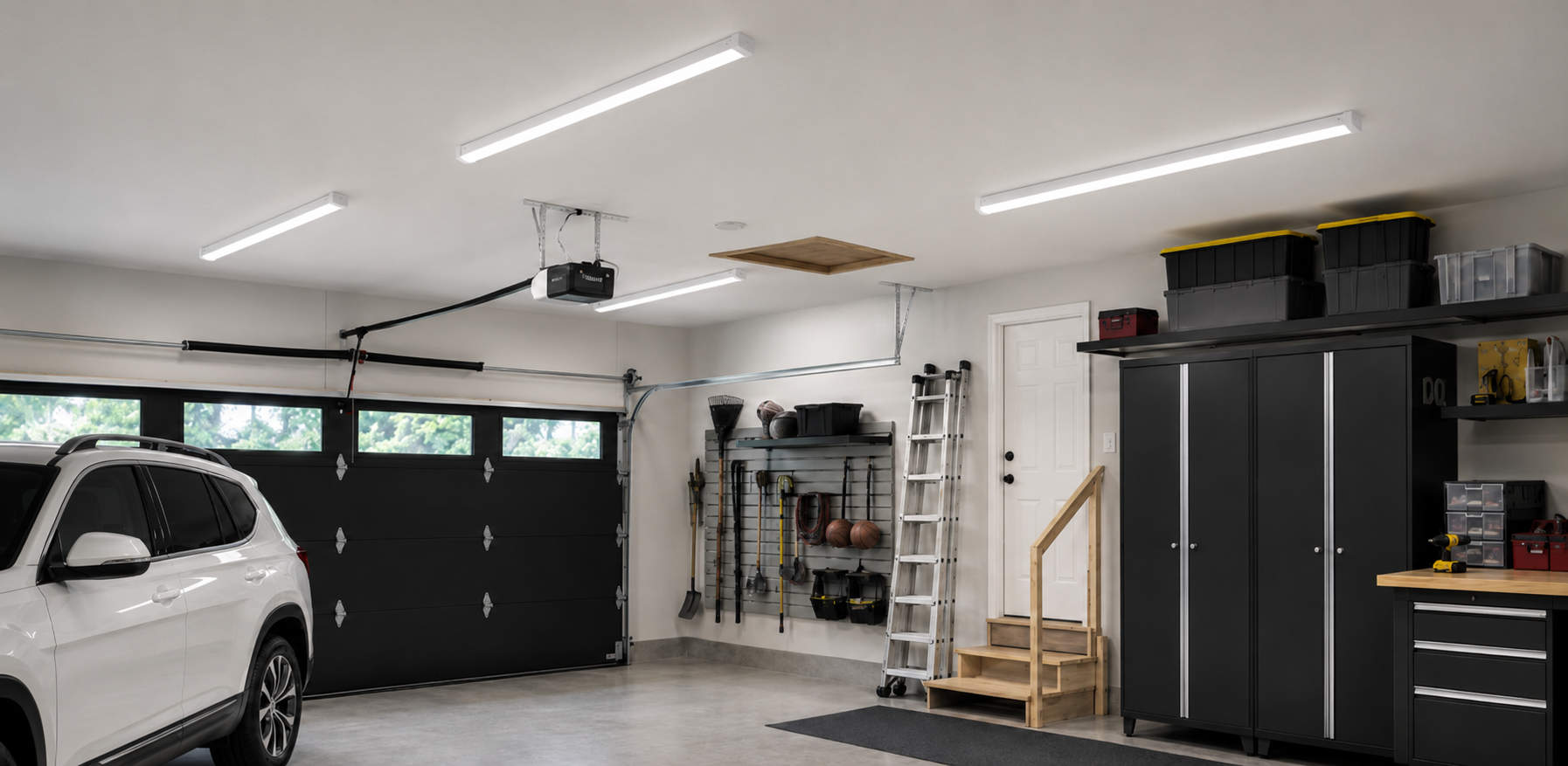 Image d’un garage résidentiel propre et organisé avec des luminaires linéaires étanches à la vapeur lumineux au plafond, un VUS blanc partiellement visible, une porte de garage noire avec fenêtres, de grandes armoires de rangement, des outils fixés au mur, des bacs sur étagères et une zone de travail bien rangée.