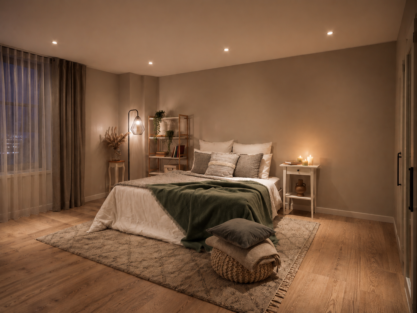 Chambre moderne et chaleureuse avec encastrés à lumière chaude, literie neutre superposée, plancher en bois naturel et accents décoratifs doux. L’espace combine un éclairage ambiant et d’accentuation pour créer une atmosphère confortable et invitante, avec un lampadaire, des bougies de chevet et une verdure discrète ajoutant chaleur et profondeur visuelle.