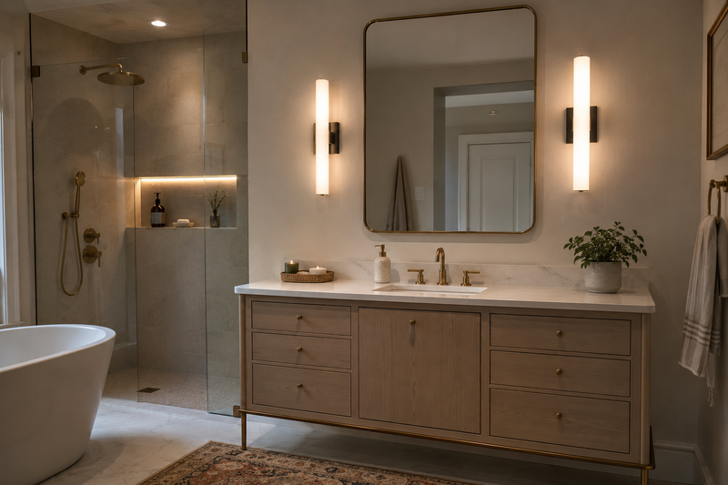 Salle de bain moderne avec éclairage par couches, comprenant des appliques murales de chaque côté du miroir pour l’éclairage de vanité, un encastré certifié pour emplacements mouillés au-dessus de la douche pour l’éclairage ambiant et de tâche, et un ruban DEL d’accentuation chaleureux le long d’une niche ou du contour du miroir
