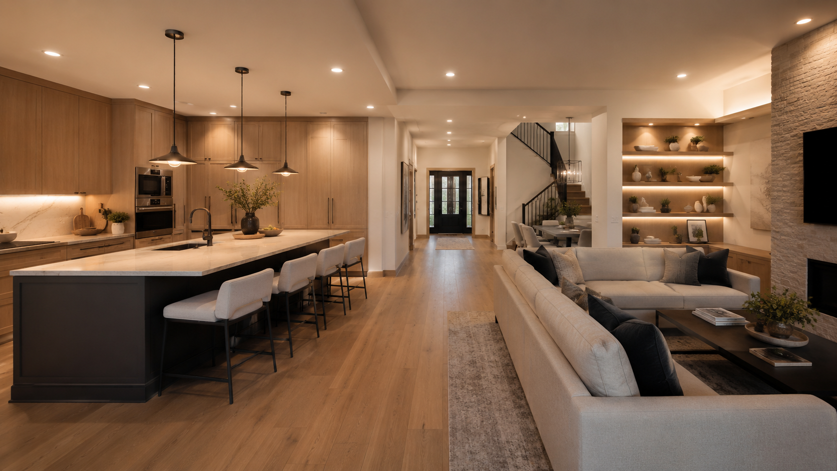 Hyper-realistic modern open-concept home interior with layered residential lighting, including recessed ceiling lights, kitchen island pendants, under-cabinet lighting, and warm accent lighting in the living room.