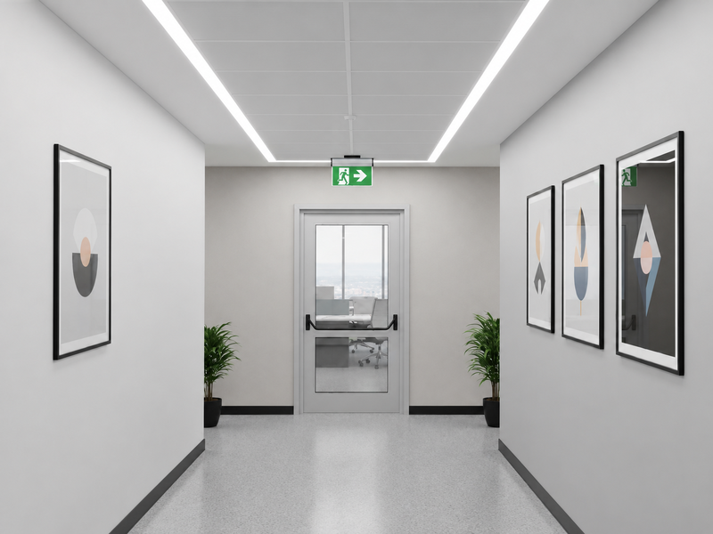 Modern office corridor with integrated linear ceiling lighting, framed artwork and an illuminated exit sign above the door.