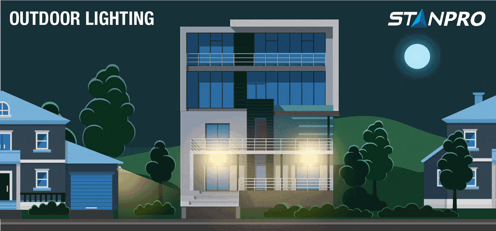 Animated illustration of a house and a building lighted by outdoor lighting solutions to make the space around the house safe and secure